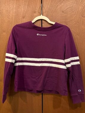 Champion purple Long Sleeve crop Top with White Stripes